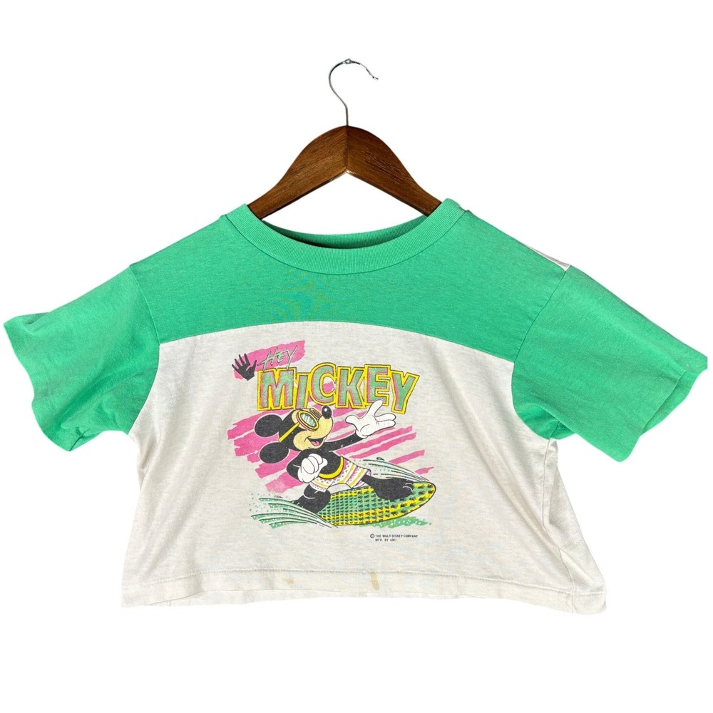 Vintage 80s Mickey Mouse Surfing Crop Top T-Shirt Green White Medium Made in USA